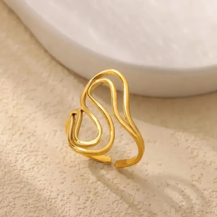 18K Gold Color Stainless Steel Double S-Shaped Waterproof Cocktail Ring for Women Men