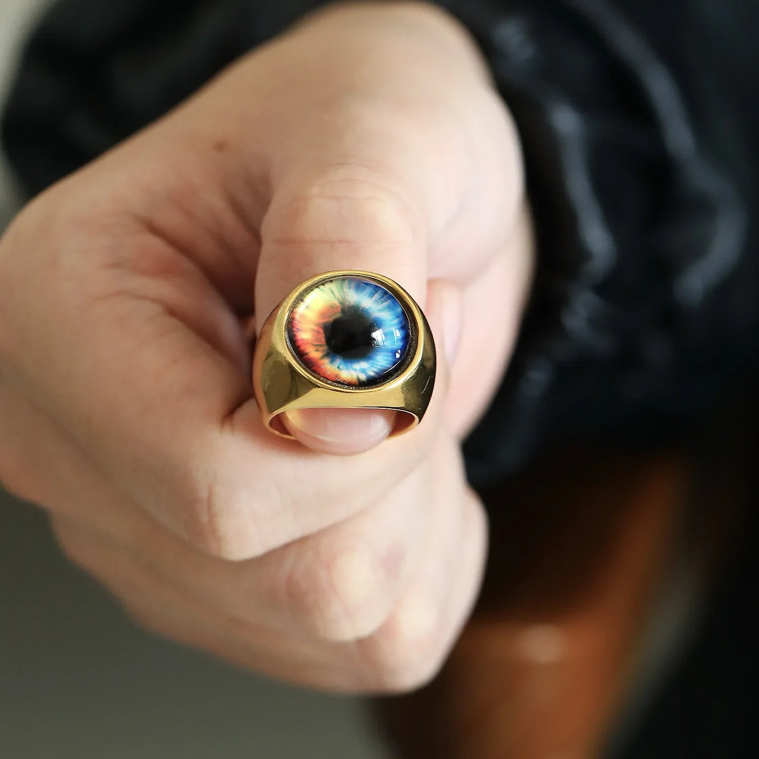 Punk Hiphop Multicolor Evil Eye Chunky Men’s Gold Plated Stainless Steel Ring
