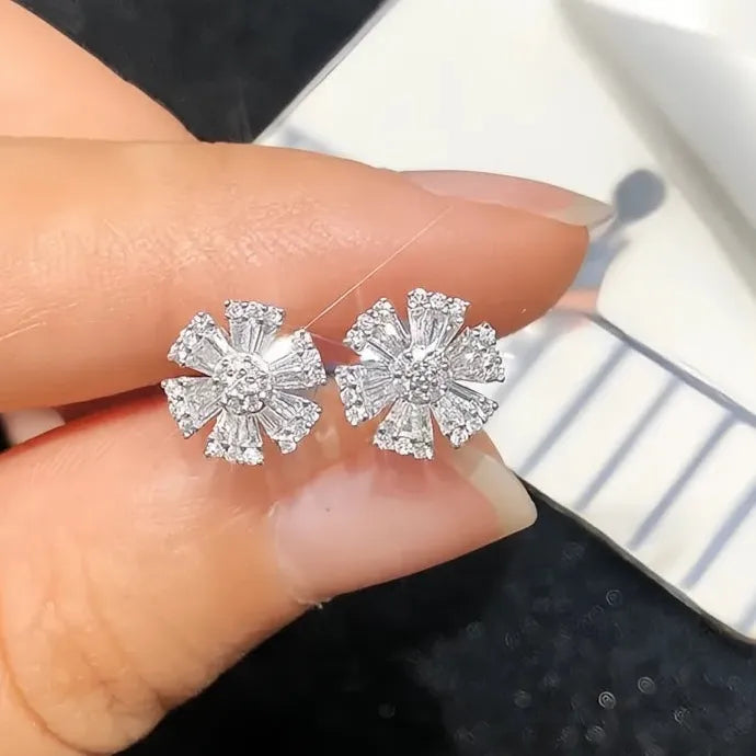 Flower Shaped AAA Cubic Zirconia Silver Color Copper Alloy Stud Earrings