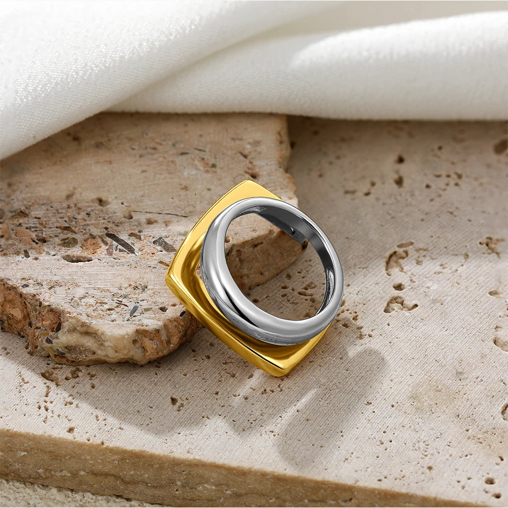 18k Gold Plated Stainless Steel Geometric Double Layer Ring Hypoallergenic Jewelry