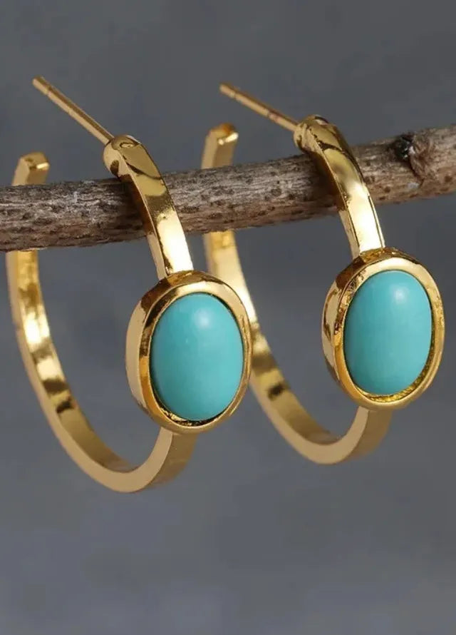 Vintage Oval Turquoise Hoop Earrings for Women Zinc Alloy Delicate Jewelry Gift