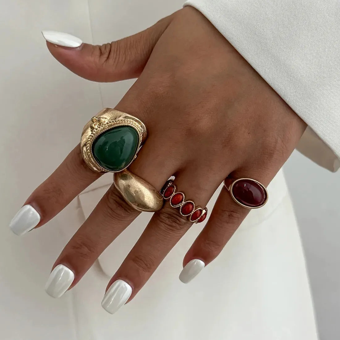 8Pcs Vintage Brown Geometric Stone Open Rings Set for Women Fashion Jewelry