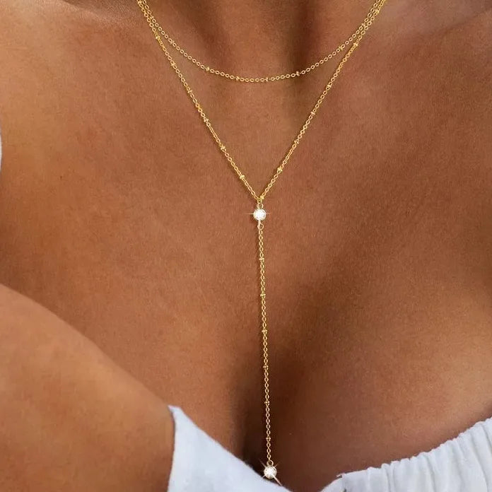 Metal Y-Shaped Crystal Zircon Tassel Necklace for Women Long Chain Choker Jewelry