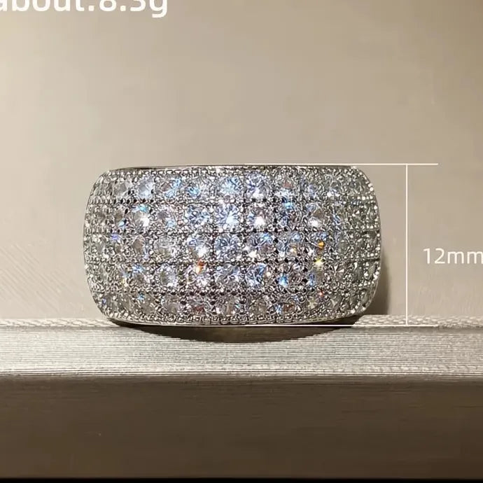 Luxury CZ Paved Women's Wide Geometric Brass Ring Wedding Party Jewelry