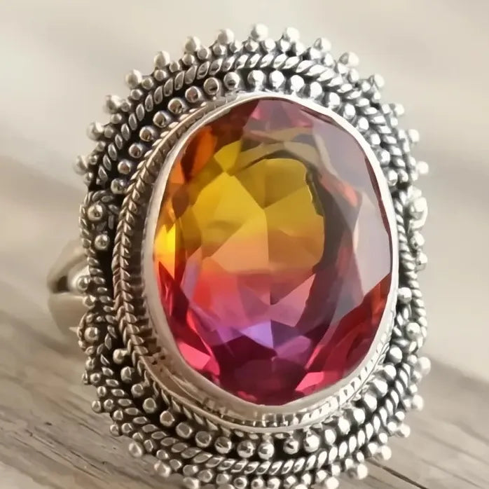 Vintage Geometric Red Cubic Zirconia Brass Ring for Women