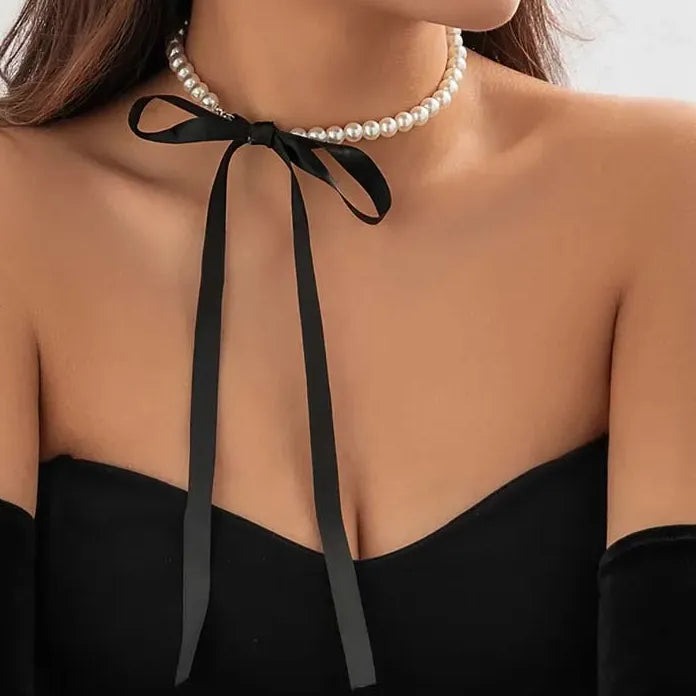 Punk Gothic Black Ribbon Bowknot Choker Necklace White Pearl Clavicle Y2K Jewelry Women