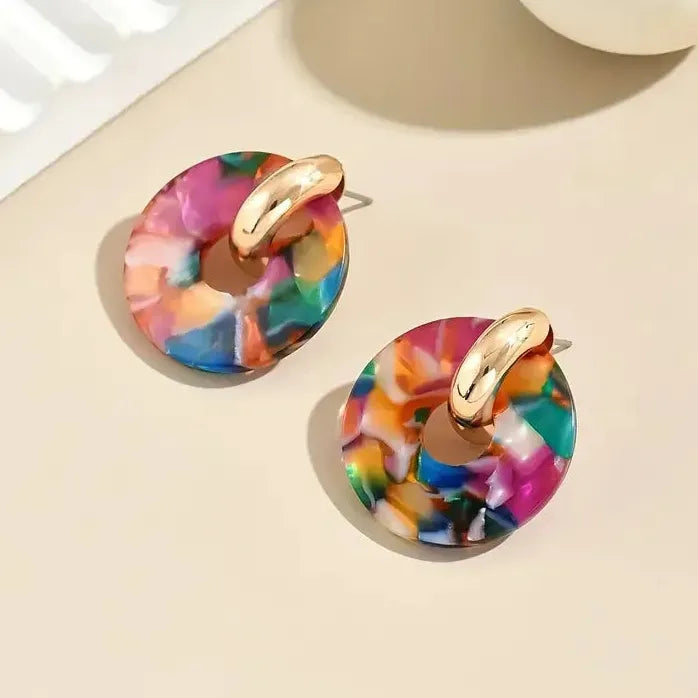 Vintage Acrylic Colorful Spliced Circle Stud Earrings for Women Hollow Jewelry