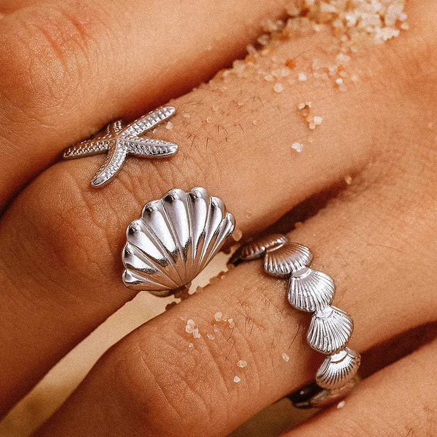 3Pcs Women's Ocean Starfish Shell Open Rings Gold Stainless Steel Jewelry Set