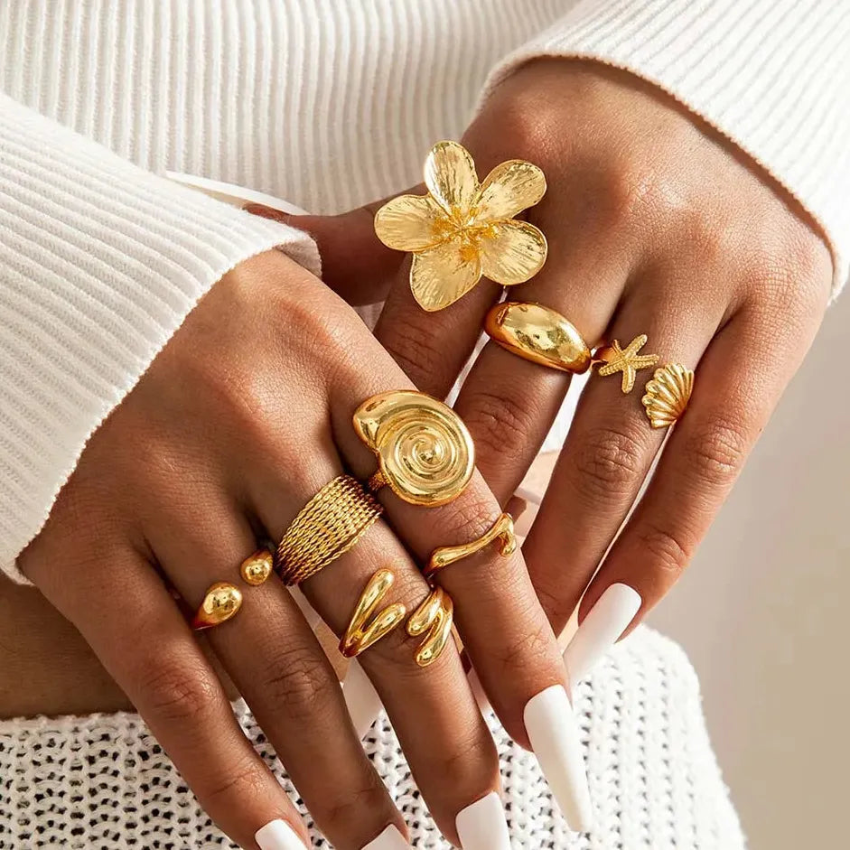 8Pcs Vintage Metal Plant Pattern Open Rings for Women Gothic Gift Jewelry