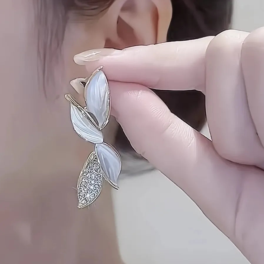 Korean White Leaf Gold Geometric Drop Earrings with Cubic Zirconia