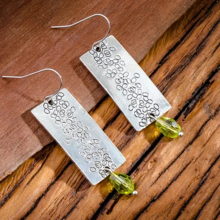 Vintage Silver Leaf Square Drop Earrings Green Crystal Zinc Alloy Jewelry Women