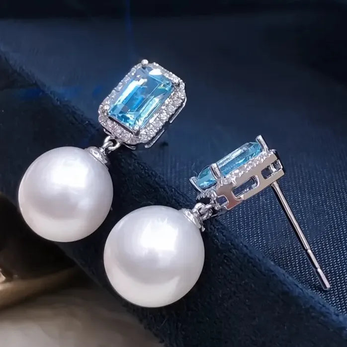 Brass Alloy Drop Earrings with Simulated Pearls and Blue Cubic Zirconia