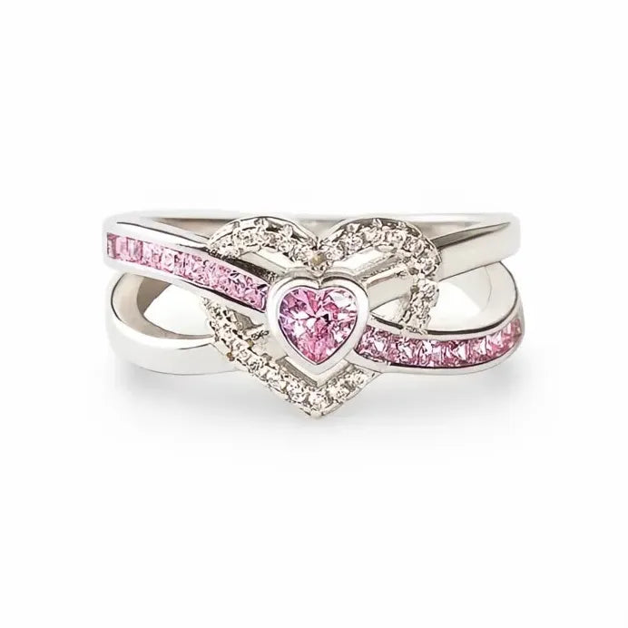 Romantic Pink Heart Cubic Zirconia Wedding Band Ring for Women Gift