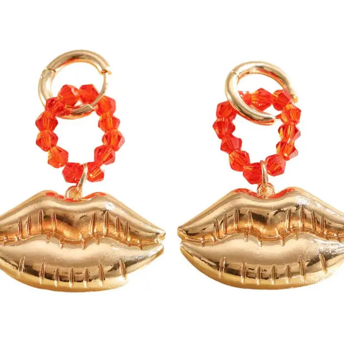 Large Red Beaded Lip Drop Earrings for Women Bold Statement Jewelry