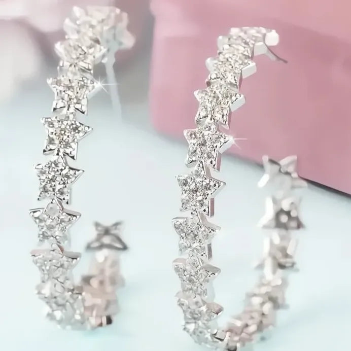 Silver Star Hoop Earrings for Women Girls Wedding Party Jewelry Sparkle