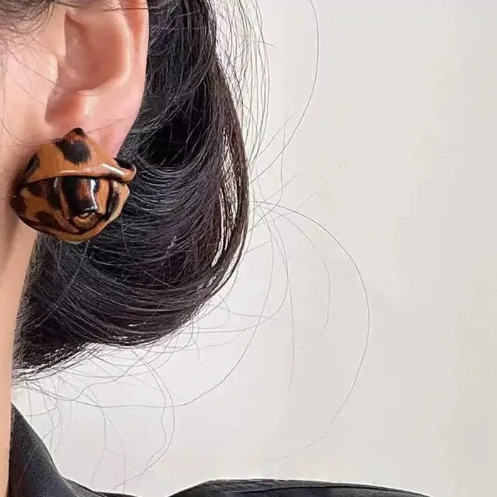 Leopard Print Leather Flower Stud Earrings Retro Geometric Gift Women
