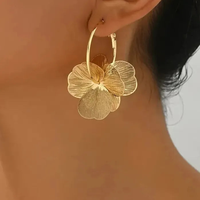 Gold Double-Layer Hollow Flower Hoop Earrings for Women Vintage Jewelry Gift