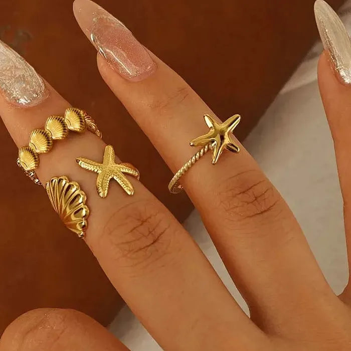 Adjustable Stainless Steel Starfish Conch Shell Ring for Women Gift Jewelry Gold