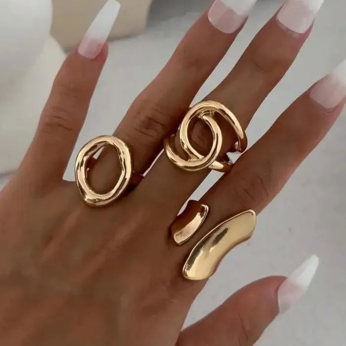 Punk Hiphop Asymmetrical Geometric Hollow Ring Set for Women Party Jewelry