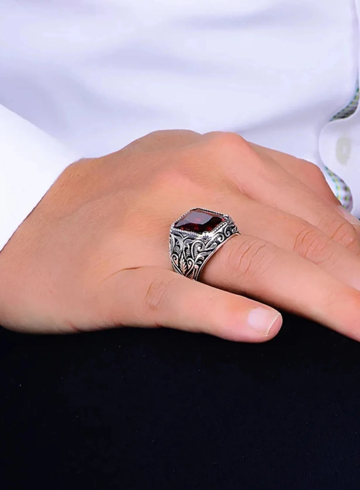 Vintage Handmade Turkish Silver Signet Ring Unisex Red Yellow Zircon Inlay Punk Biker
