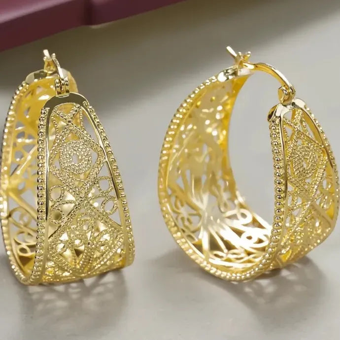 Boho Gold Brass Geometric Filigree Hoop Dangle Earrings Gift for Women