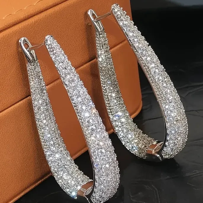 Silver Color Hoop Earrings for Women with Bright Cubic Zirconia, Fashion Party Jewelry Gift