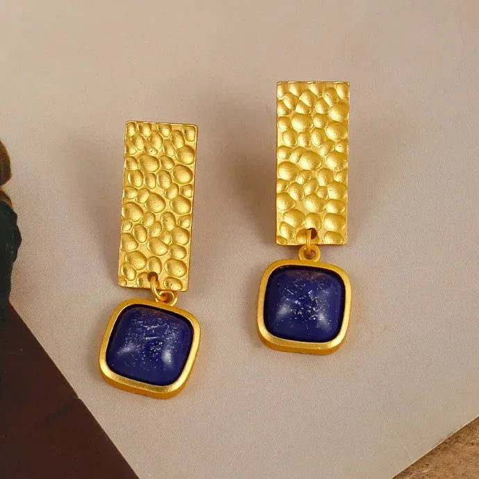 Boho Lapis Lazuli Square Drop Earrings Retro Style Gold Zinc Alloy Jewelry Women