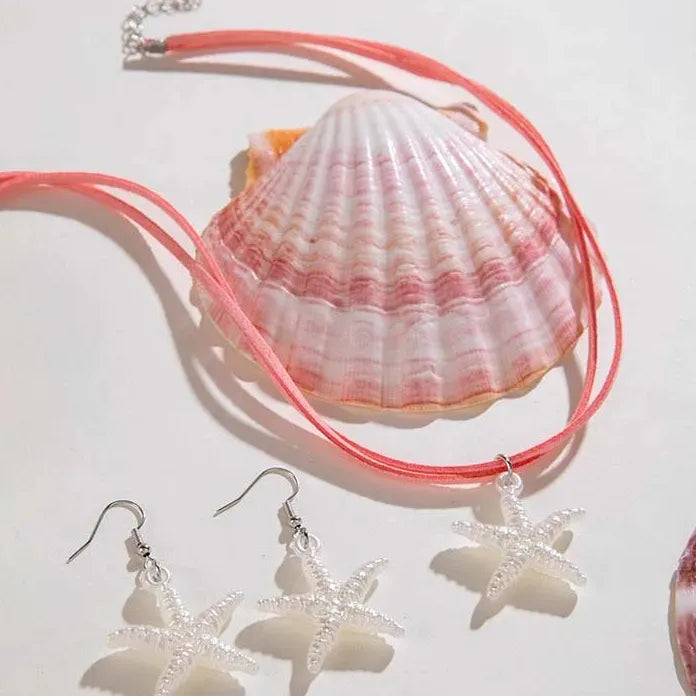 Bohemian White Starfish Pendant Necklace and Earring Set for Women Gifts
