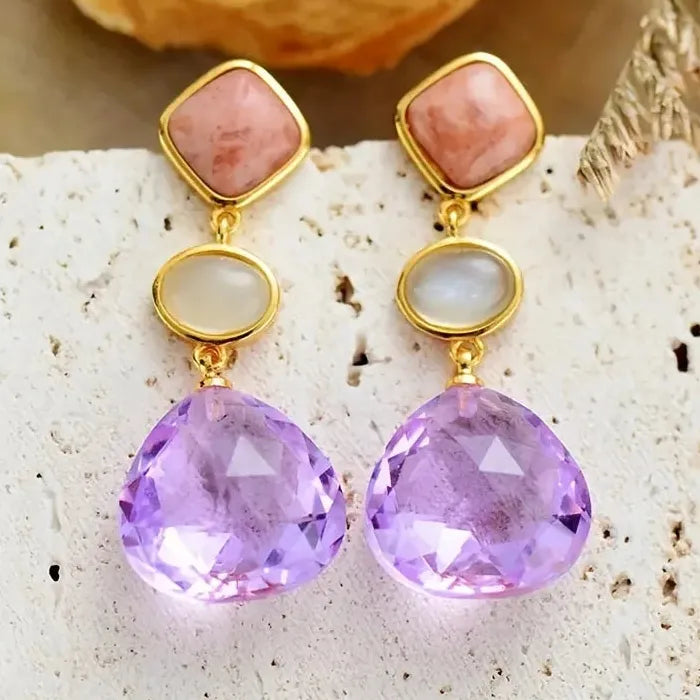 Elegant Purple Synthetic Crystal Geometric Pendant Drop Earrings Zinc Alloy Gemstone