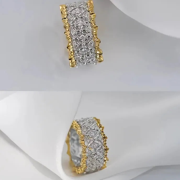 Two Tone Geometric Hollow Metal Ring for Women with Cubic Zirconia Brass Jewelry