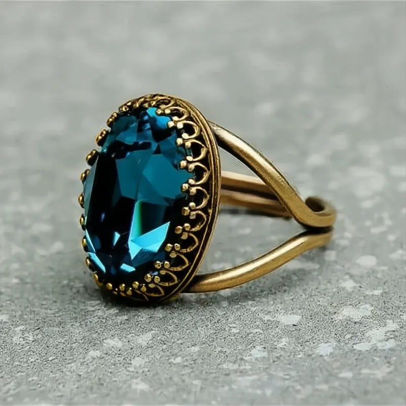 Luxury Gold Color Women Ring with Shiny Oval Blue Cubic Zirconia Elegant Wedding Jewelry