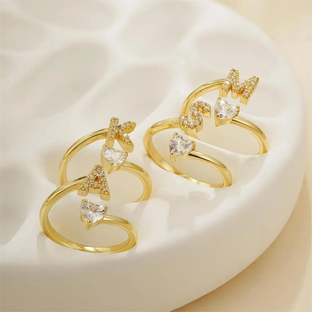 Polished Gold Plated Copper A-Z Letter Initial Ring with Zircon Heart Wedding Jewelry