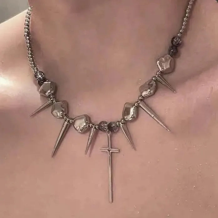 Punk Black Beads Rivet Choker Necklace Men Women Spike Tassel Y2K Jewelry