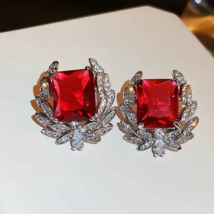 Bright Red Geometric Cubic Zirconia Crystal Stud Earrings for Women Copper Alloy