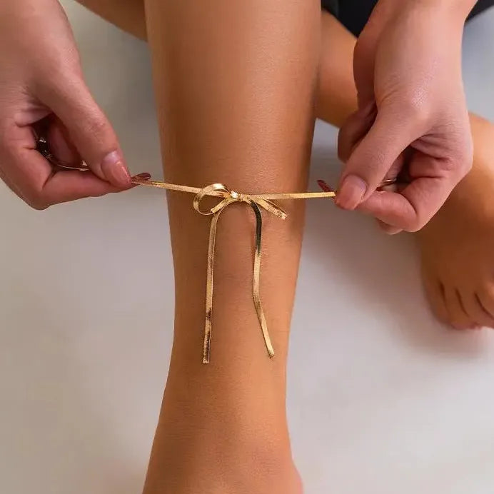 Adjustable Vintage Zinc Alloy Geometric Snake Chain Bow Anklet for Women