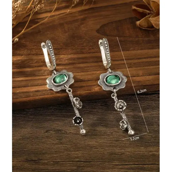 Vintage Zinc Alloy Craftsman Carved Flower Earrings with Green Gemstone Pendant for Women