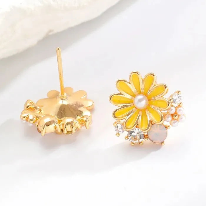 Yellow Daisy Zircon Pearl Stud Earrings for Women Vintage Gift Jewelry