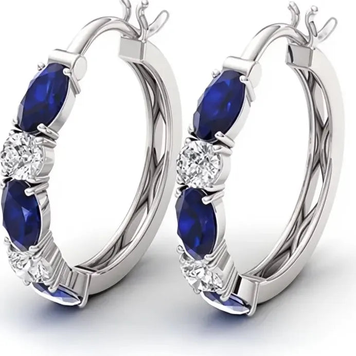 Trendy Women's Geometric Hoop Earrings with Blue White Cubic Zirconia