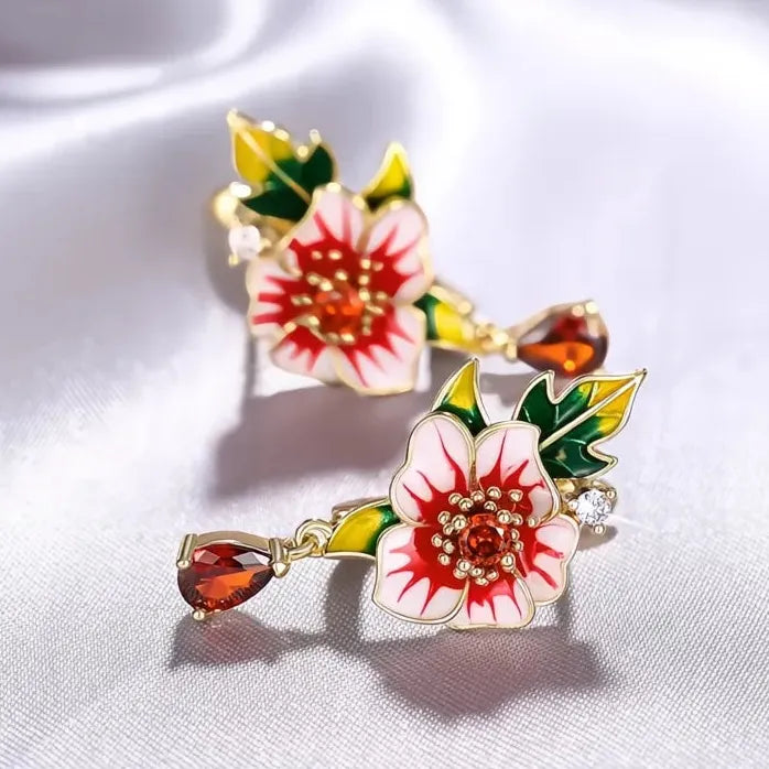 Red Flower and Green Leaf Brass Earrings for Women Enamel Jewelry
