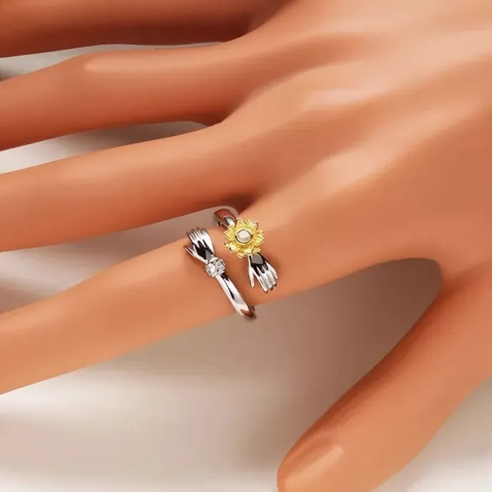 Hands & Flower Design Opening Ring Love Always With You Brass Jewelry