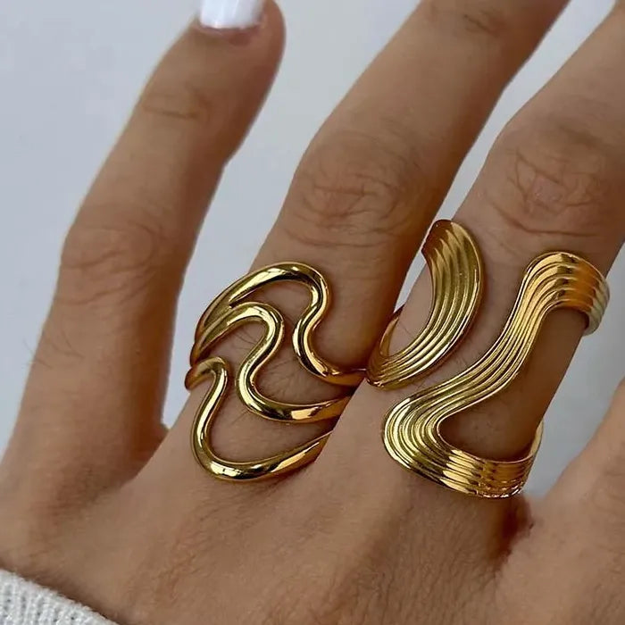 Adjustable Stainless Steel Gold Wave Ring for Women Men Geometric Jewelry