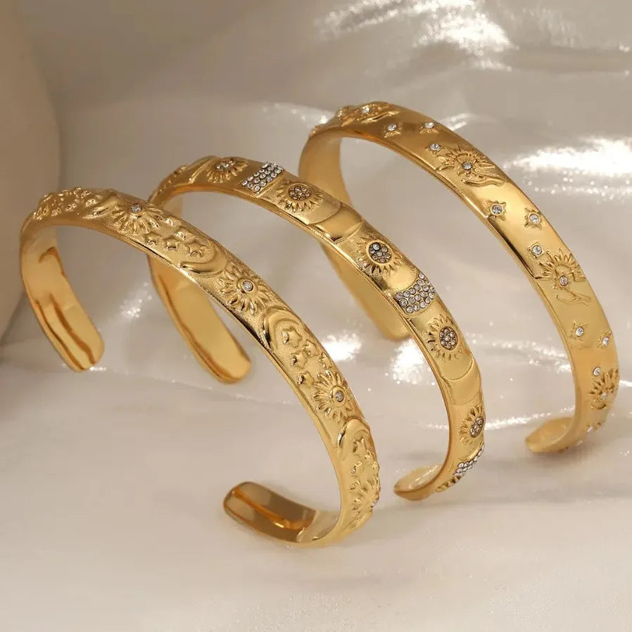 18K Gold Plated Stainless Steel Sun Moon Star Bangle Bracelet Waterproof Charm Jewelry