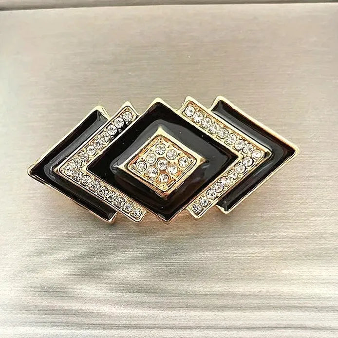 Vintage Women's Geometric Rhombus Rhinestone Brooch Pin Black White