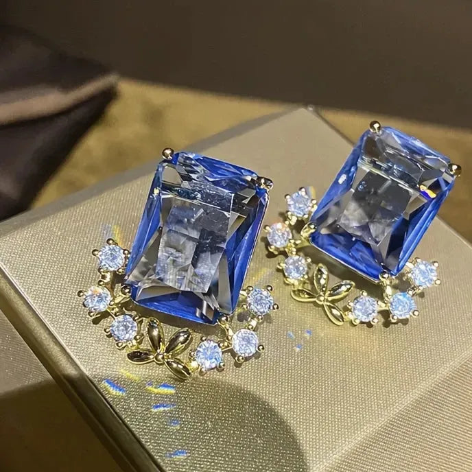 Aesthetic Women Geometric Cubic Zirconia Stud Earrings Blue CZ Wedding Jewelry