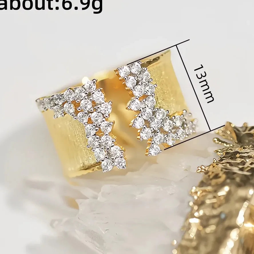 Luxury Gold Color Cubic Zirconia Geometric Wide Band Ring for Women Brass OL Style Jewelry