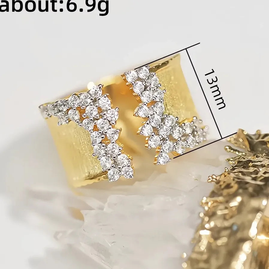 Gold Cubic Zirconia Geometric Wide Band Ring for Women OL Style Jewelry