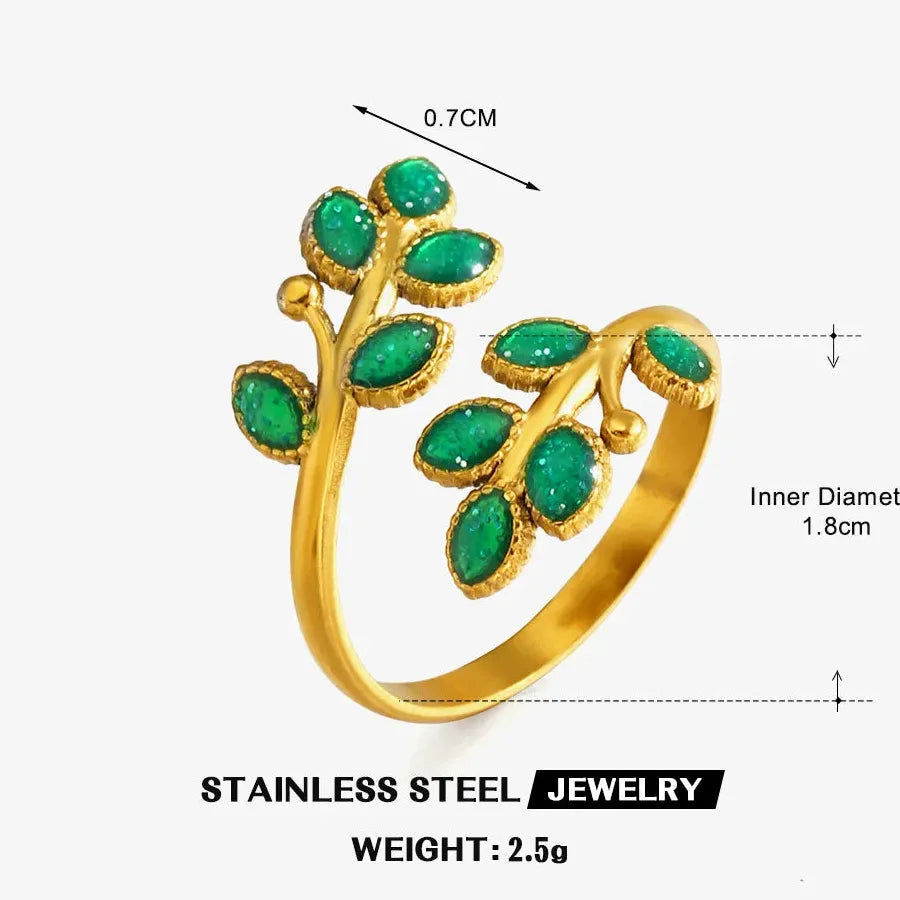 Gold Stainless Steel Leaf Cocktail Rings for Women Vintage Red Blue Green Jewelry