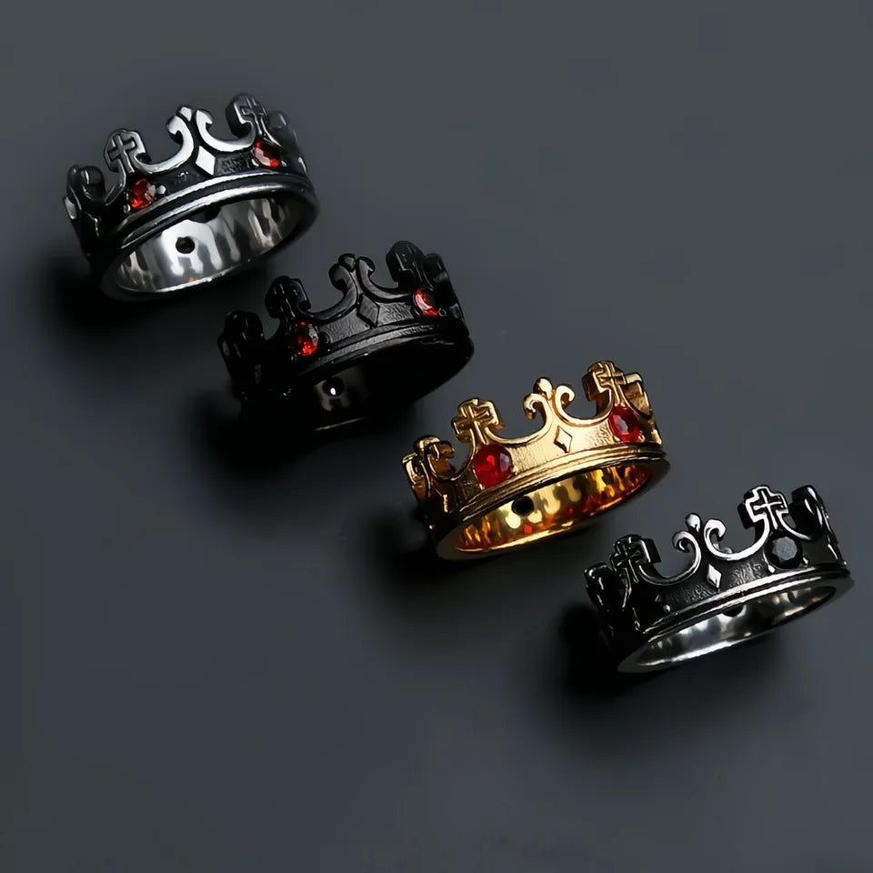Vintage Crown Stone Ring 316L Stainless Steel Silver Gold Black Jewelry for Men Women Gift