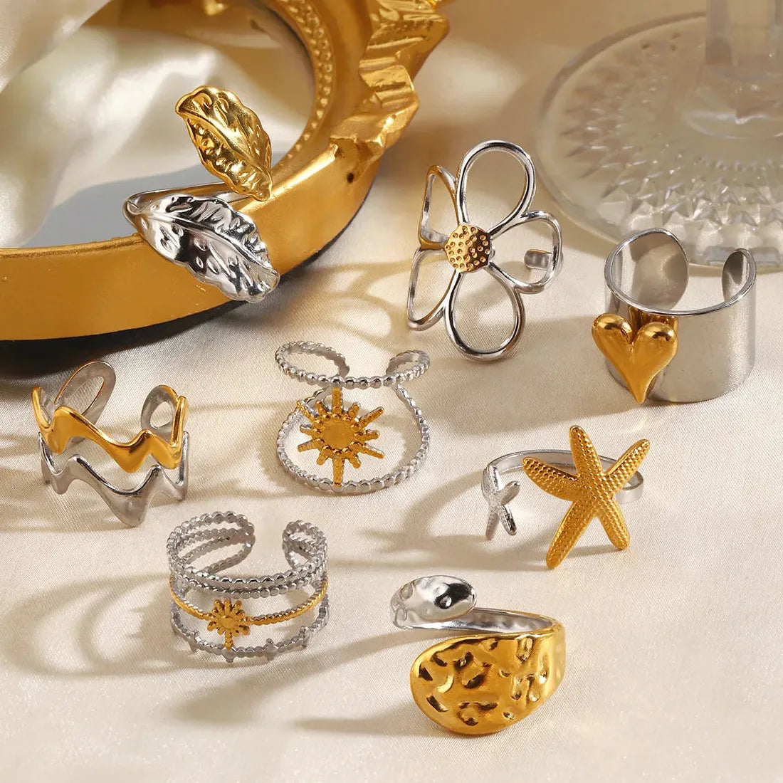 Vintage Stainless Steel Starfish Heart Flower Leaf Rings for Women Gifts Jewelry