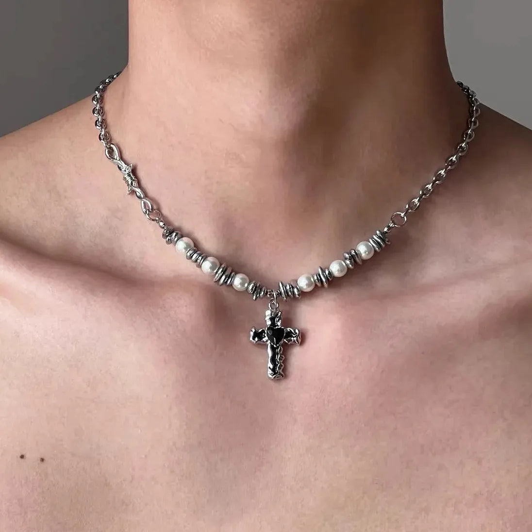 Stainless Steel Black Heart Cross Pendant Necklace Gothic Y2K Punk Choker